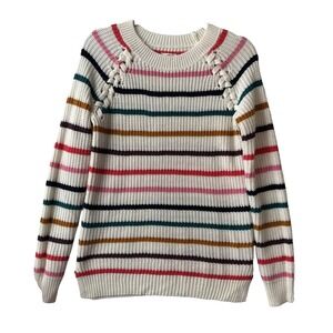 SO Colorful Laced Up Raglan Striped Crewneck Knit Sweater Women's M Rainbow Boho